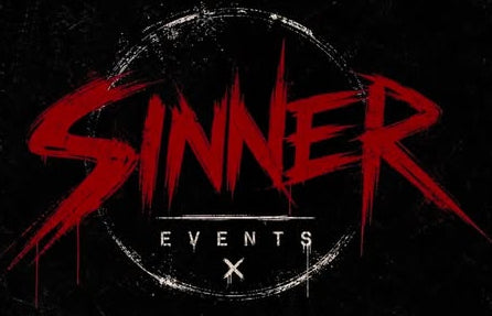 Red and white 'Sinner Events' logo on a black background